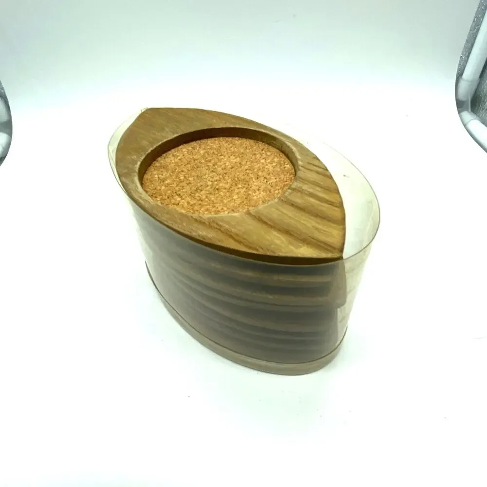 Sixties Hand carved Japan Hardwood & Cork Eye Coasters 8 Mid-Century Mod Sere‎